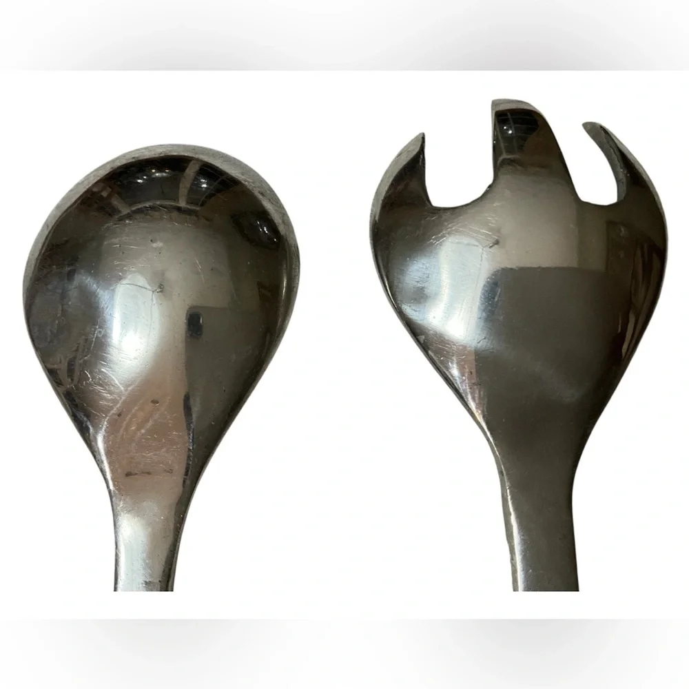Vintage Stainless Steel Salad Serving Set Large Spoon Fork Textured Handles
